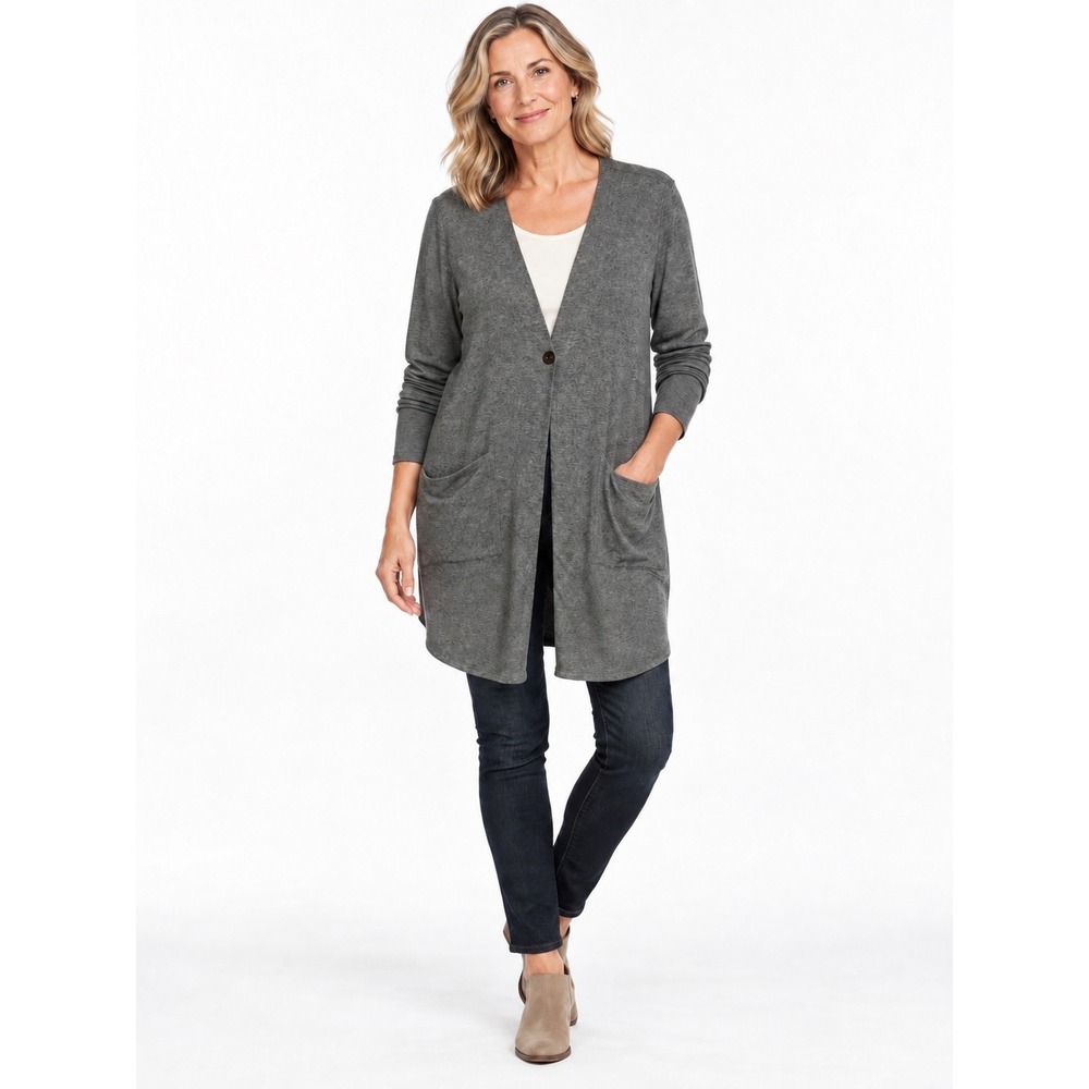 Pure Jill Cardigan Longline Size M Gray Single Button Pima Cotton Blend Pockets